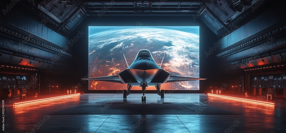Aufkleber a futuristic aircraft displayed in a high-tech hangar with a view of earth.