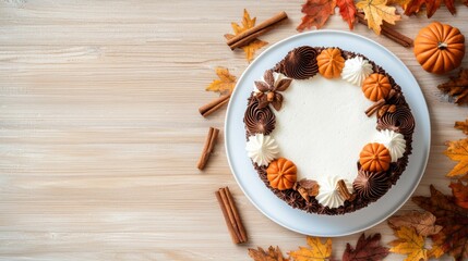 Fototapeta premium A beautifully decorated cake surrounded by autumn leaves and spices, featuring orange pumpkins and cream, perfect for seasonal celebrations.