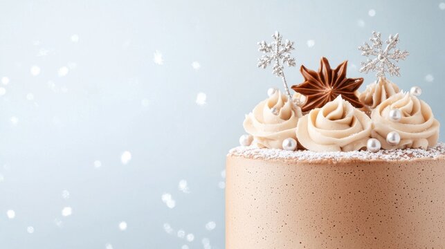 A beautifully decorated cake with swirls of frosting, topped with star anise and decorative snowflakes, set against a soft, snowy backdrop.