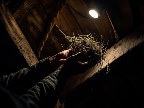 Dark Attic, Gentle Hands, Birds Nest, Wooden Beams, Light Bulb, Fragile Home, Natures Creation, Humb