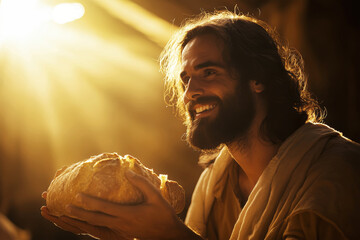 Jesus joyfully holds a broken loaf of bread, bathed in warm light that creates an atmosphere of gratitude and reverence