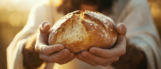 Divine presence captured as Jesus Christ offers broken bread in golden light, evoking serenity and spirituality