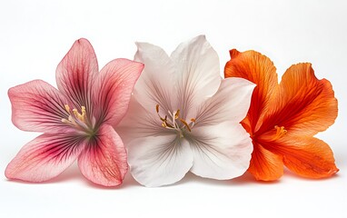 Three vibrant flowers, pink, white, and orange, arranged in a row on a white background.