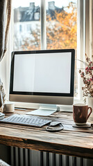 Fototapeta premium Autumn Workspace, Computer by Window with Blank Screen, Keyboard, Mouse, and Coffee