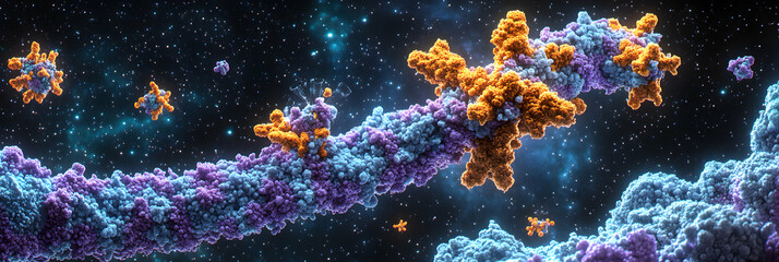 Obraz premium Cosmic Molecular Structure, Intricate DNA Chain Interacts with Proteins in a Starry Background