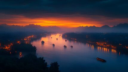 Obraz premium Fiery Sunset over River City, Boats Sail Serenely at Dusk, Reflecting Lights on Calm Waters