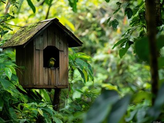 Green Bird in Mossy Wooden Birdhouse, Lush Rainforest Habitat