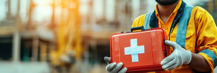 Male construction worker holding a first aid kit, ready for emergencies at the site.