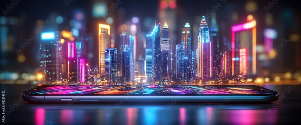 Poster a smartphone displaying a vibrant city skyline with colorful lights.