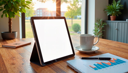 Fototapeta premium Digital tablet mockup with graphs on desk and morning light
