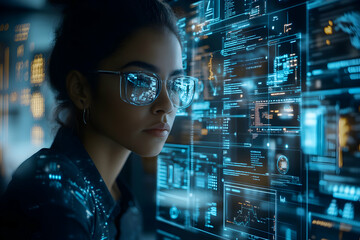 Naklejka premium Woman Studying Digital Data Streams, Analyzing Complex Information Displays, Future Tech, Cybersecurity