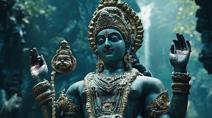 Fototapeta premium Vishnu is the god of Preservation, the great maintainer who often appears in various incarnations avatara to provide salvation for humanity Some of his best-known avatars who are tremendously pop. AI