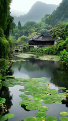 Obraz premium Serene Asian Pavilion by Calm Water, Lush Greenery and Misty Mountains in Background