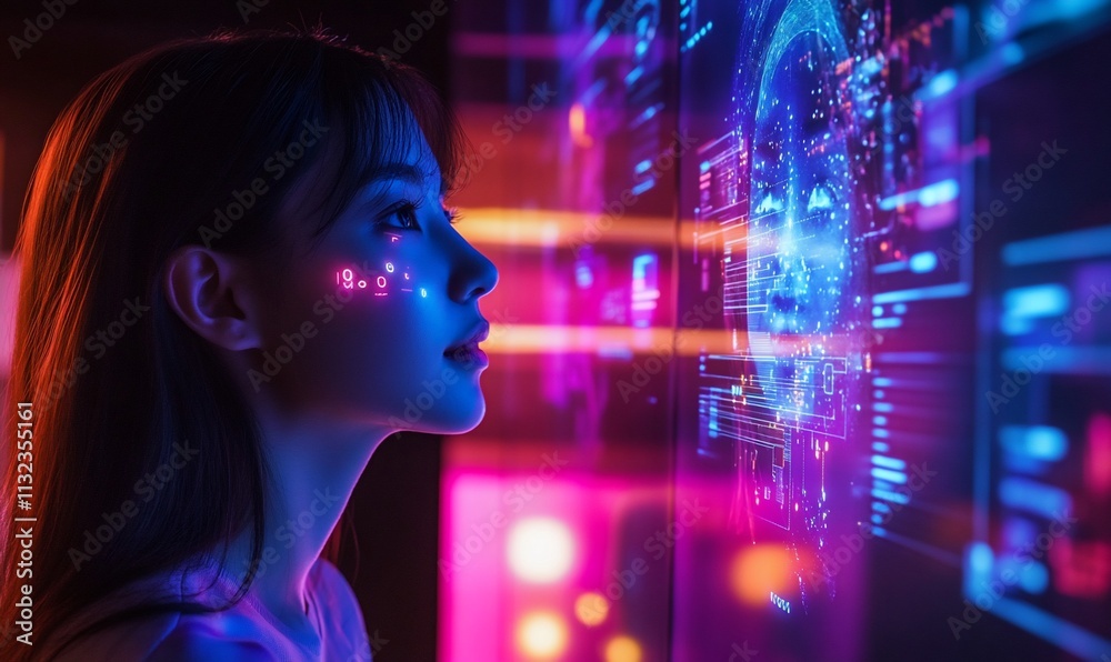 Poster a woman gazes at a digital interface displaying futuristic data and graphics.