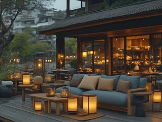 Fototapeta premium Serene outdoor lounge area with warm lighting and comfortable seating
