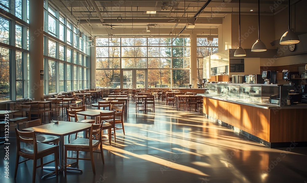 Aufkleber bright and spacious caf? interior with wooden tables and large windows.