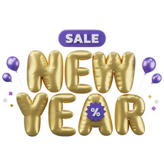 New year sale ,golden balloon text with new year cerebrate decoration, shopping concept, Isolated Images, 3d illustration,