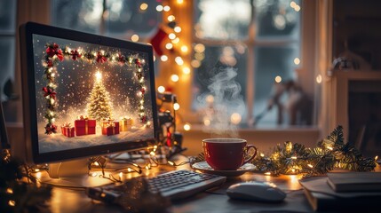 Fototapeta premium Festive Digital Advent Calendar Display on Decorated Desk for Christmas Cheer