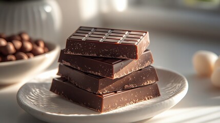 Delicious Dark Chocolate Stack on a White Plate Surrounded by Chocolate Candies, Perfect for Dessert Lovers and Food Photography Enthusiasts