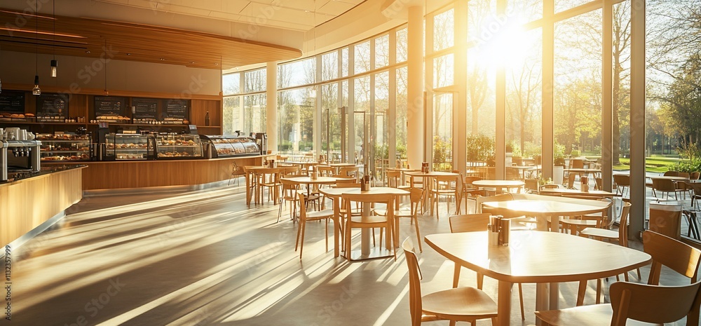 Poster bright, inviting caf? interior with tables and sunlight streaming in.