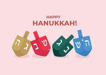 Hanukkah dreidels greeting card. Spinning wooden toys for children with letters on four sides. Traditional Jewish holiday game. Vector illustration in cartoon style.