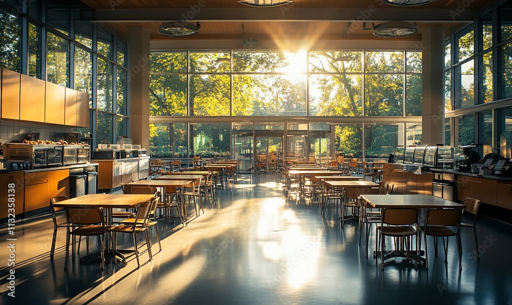 Poster brightly lit caf? interior with tables and large windows showcasing nature.