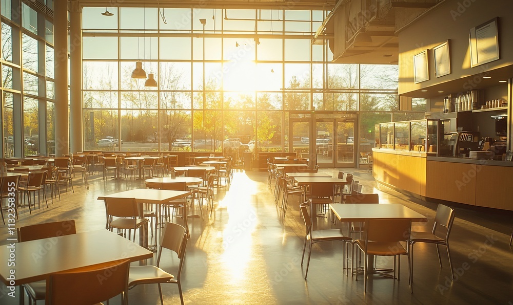 Poster brightly lit caf? interior with tables and a view of the sunset.