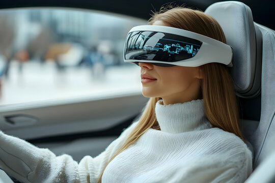 Woman in Futuristic Headgear Experiences Immersive Car Ride