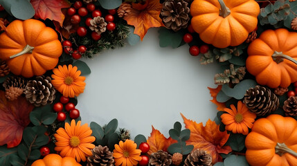 Fototapeta premium Autumn Harvest, Pumpkins, Flowers & Leaves Frame a Pastel Background