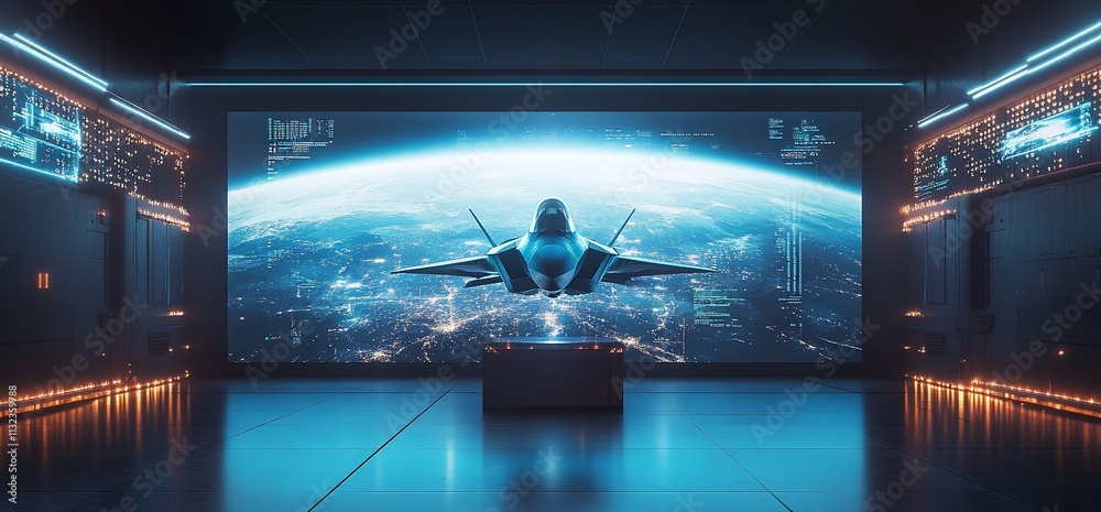 Poster Futuristic aircraft in a high-tech environment with a view of Earth.