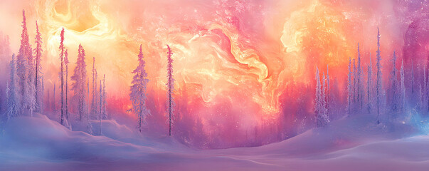Fototapeta premium Winter Wonderland, Frost-Kissed Pines Under a Magical, Swirling Aurora Borealis, casting a dreamlike glow across a snow covered landscape.