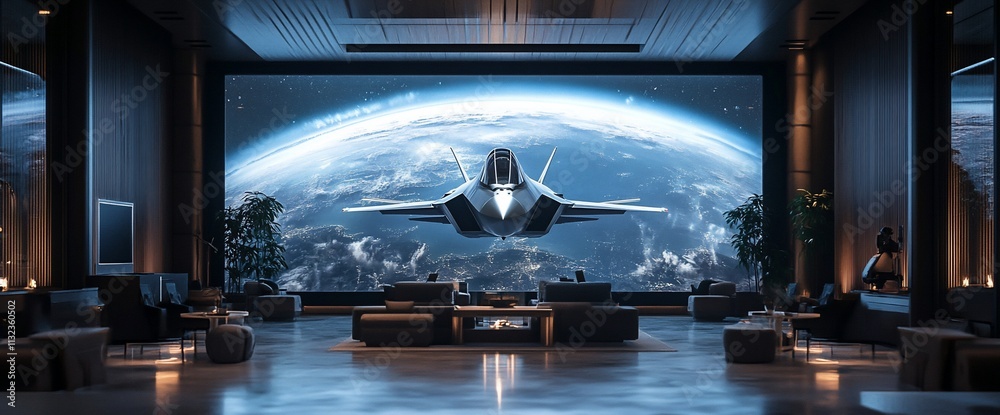 Poster futuristic lounge with a view of earth and a stealth aircraft.