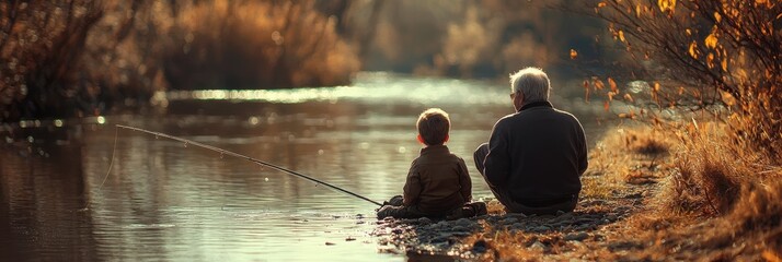 Two generations enjoy a peaceful afternoon fishing by the riverbank during golden hour. Generative AI