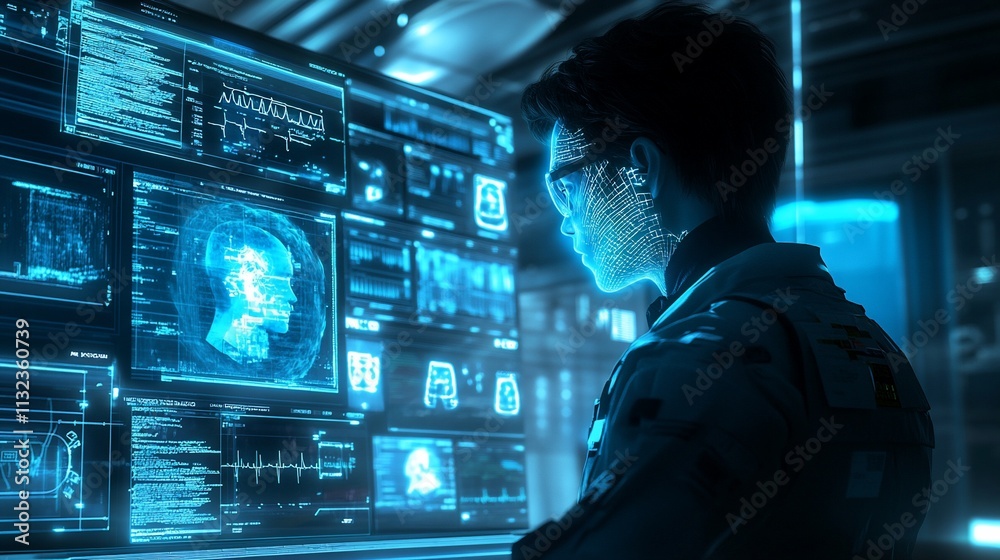 Leinwandbilder futuristic scientist analyzing data on a holographic interface.