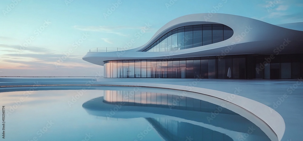 Poster modern architectural design featuring a sleek building by a tranquil pool.