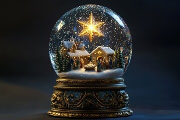 Glowing Christmas Star and Nativity Scene in Ornate Snow Globe for Holiday Decor