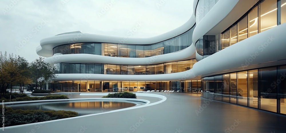Poster Modern architectural building with curved design and large glass windows.