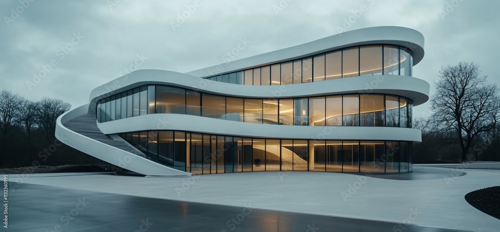 Poster modern architectural design featuring a sleek, curved building with large windows.