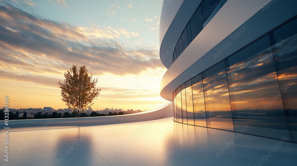 Poster modern architectural design with a sunset backdrop and reflective surfaces.