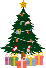 Fototapeta premium Cartoon Christmas Tree with Christmas Decorations candy Gifts and Ribbons