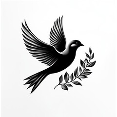 Obraz premium Black silhouette of a dove in flight with olive branch.