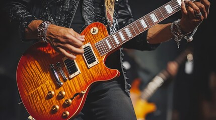 Obraz premium Close-up Of Musician Playing Electric Guitar With Expressive Passion, Lit By Stage Lights
