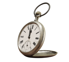 Vintage pocket watch showing twelve o'clock on transparent background