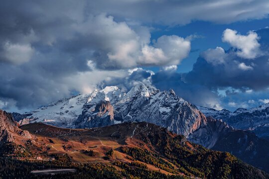 Panoramic view of snow-capped mountains in the Dolomites in Italy.