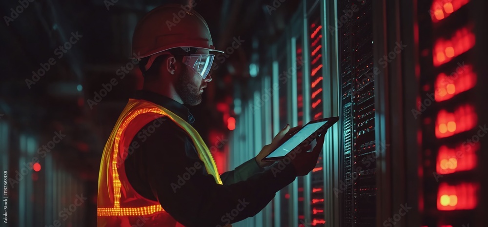 Poster technician monitoring server equipment in a dimly lit data center.