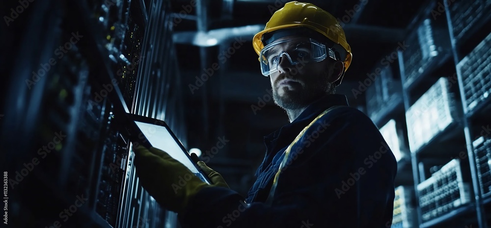 Poster technician working with servers in a data center, focused on a tablet.