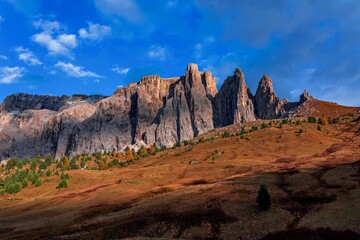 Panoramic view of the Val Gardena Dolomites in Italy.