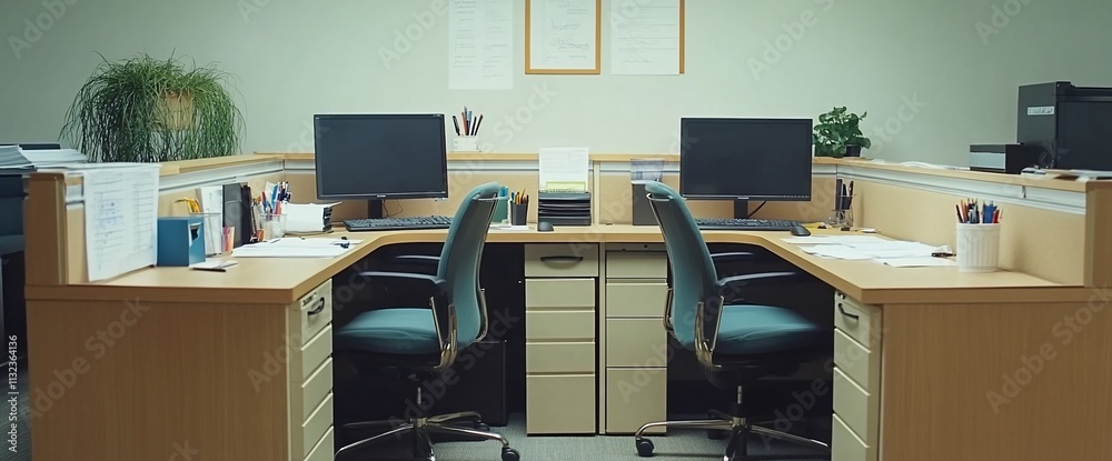 Poster two office desks with computers and organizational supplies in a workspace.