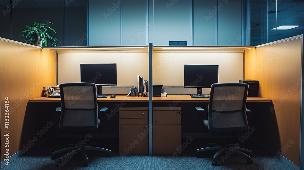 Poster Two empty office workstations with computers in a dimly lit space.