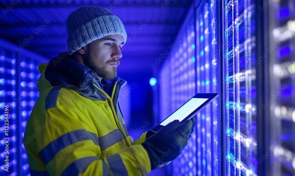 Poster worker in a high-tech facility using a tablet among illuminated equipment.